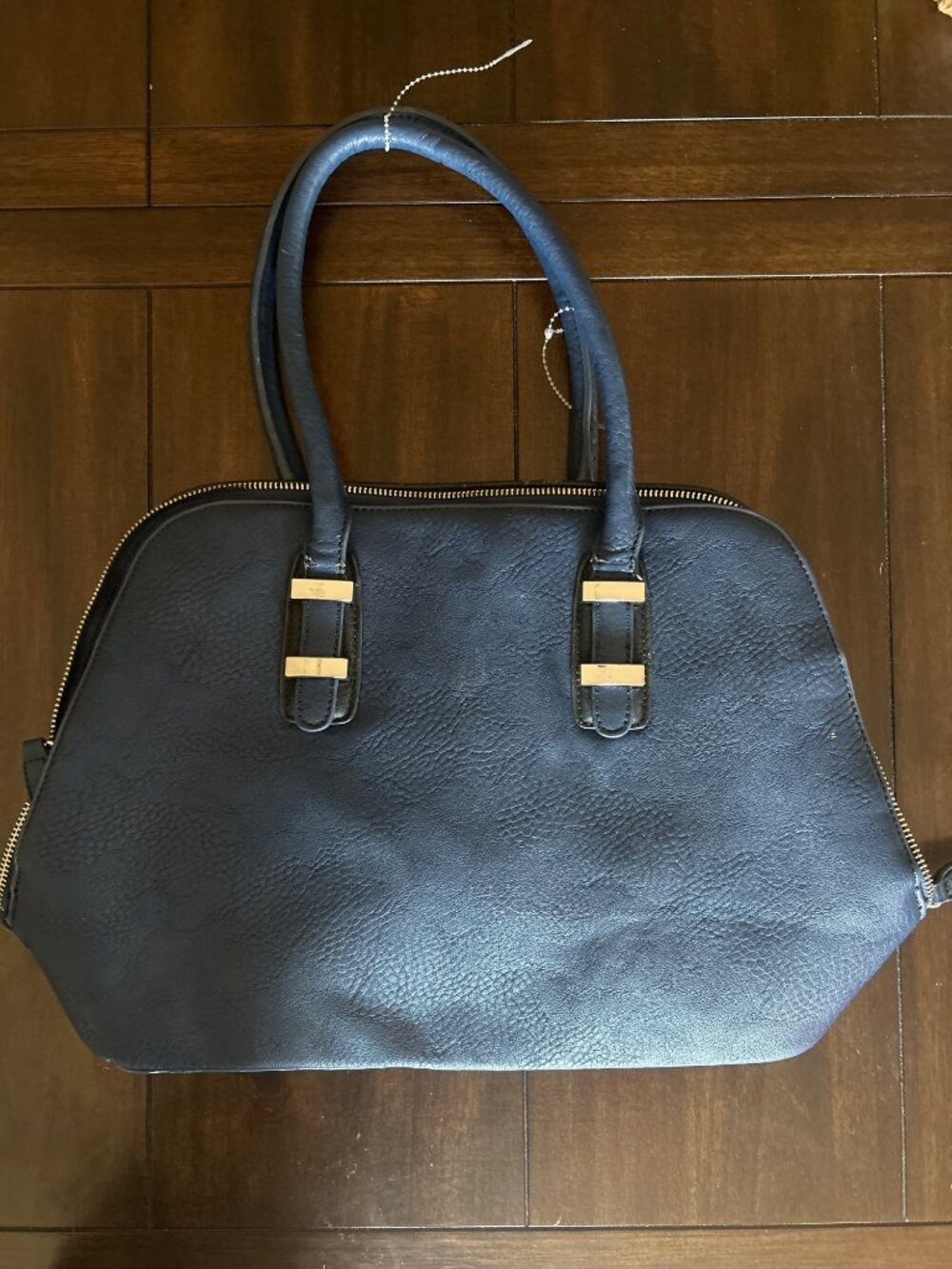 Charming Charlie Navy Blue Faux Leather Tote Bag With Gold Hardware Accents